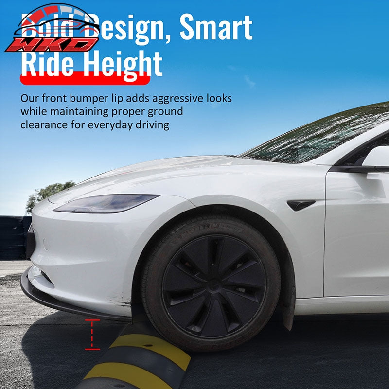 Fits 24-26 Tesla Model 3 Matte Black PP Front Bumper Lip 3PCS - IKON V4 Style