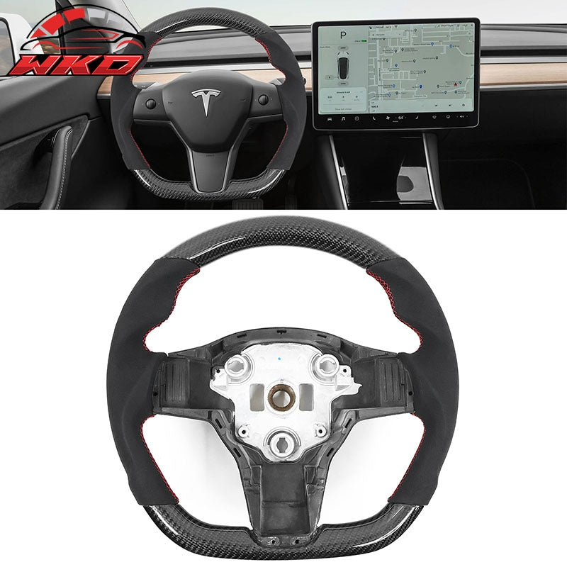 Fits 17-25 Tesla Model 3 & Y Steering Wheel Alcantara W/Red Stitch Carbon Fiber