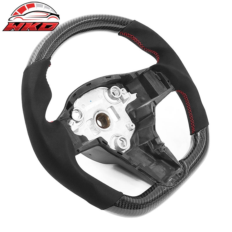 Fits 17-25 Tesla Model 3 & Y Steering Wheel Alcantara W/Red Stitch Carbon Fiber
