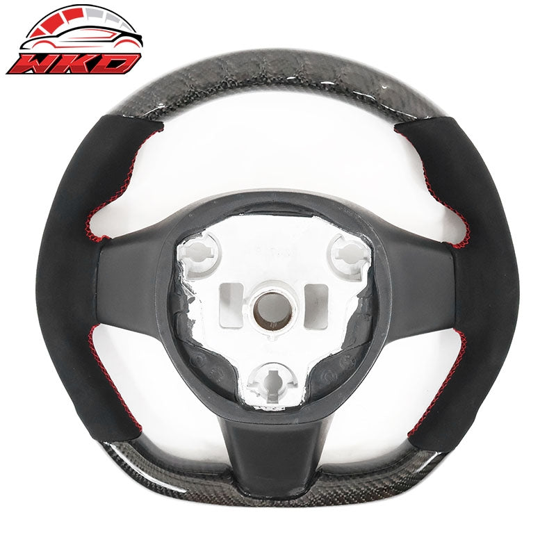Fits 17-25 Tesla Model 3 & Y Steering Wheel Alcantara W/Red Stitch Carbon Fiber