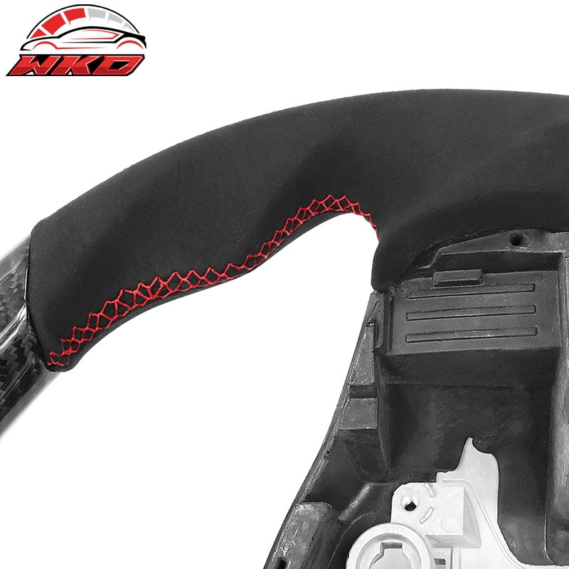 Fits 17-25 Tesla Model 3 & Y Steering Wheel Alcantara W/Red Stitch Carbon Fiber