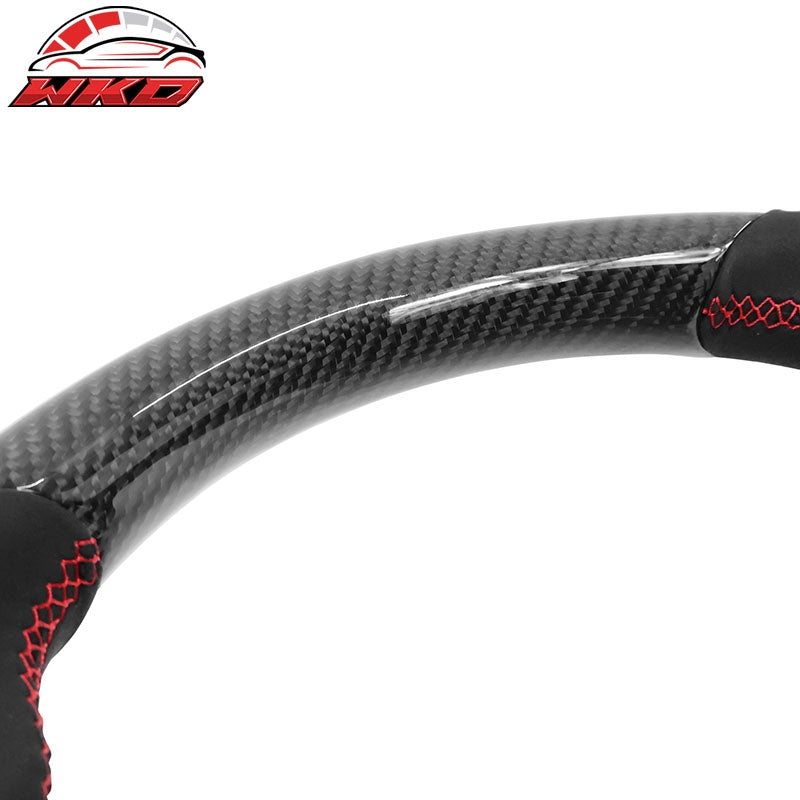 Fits 17-25 Tesla Model 3 & Y Steering Wheel Alcantara W/Red Stitch Carbon Fiber