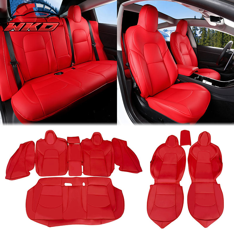 Fits 17-23 Tesla Model 3 4DR 5-Seat Seat Covers Cushion Protector Leather - Red