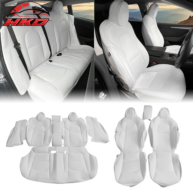 Fits 17-23 Tesla Model 3 4DR 5-Seat Seat Covers Cushion Protector Leather White