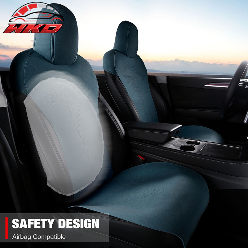 Fits 17-23 Tesla Model 3 V1 Style Seat Cushions Protector Suede Leather Blue