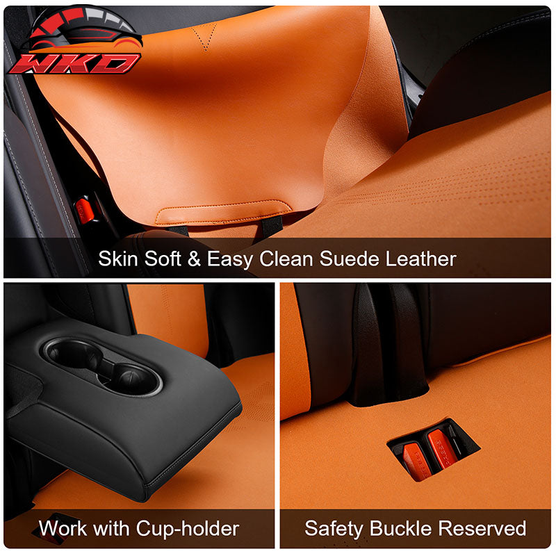Fits 17-23 Tesla Model 3 V1 Style Seat Cushions Protector Suede Leather Orange