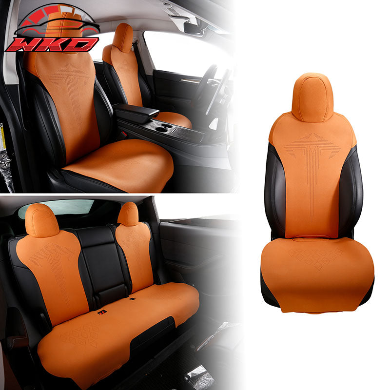 Fits 17-23 Tesla Model 3 V1 Style Seat Cushions Protector Suede Leather Orange