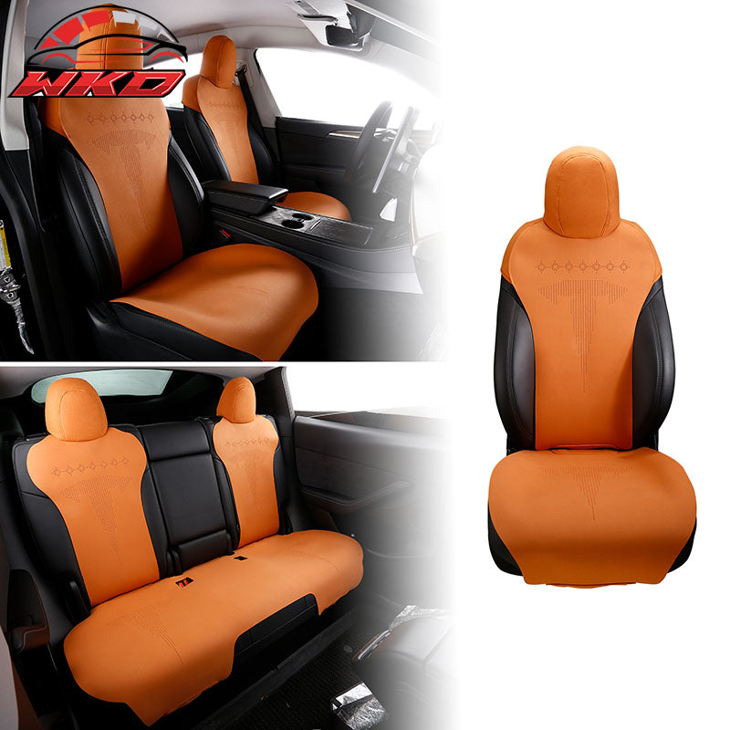 Fits 17-23 Tesla Model 3 V2 Style Seat Cushions Protector Suede Leather Orange