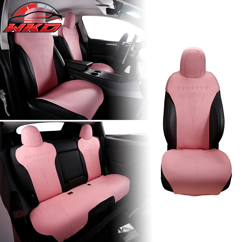 Fits 17-23 Tesla Model 3 V2 Style Seat Cushions Protector Suede Leather Pink