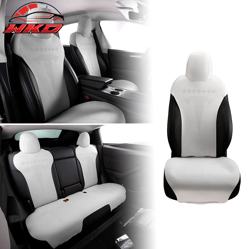 Fits 17-23 Tesla Model 3 V2 Style Seat Cushions Protector Suede Leather White