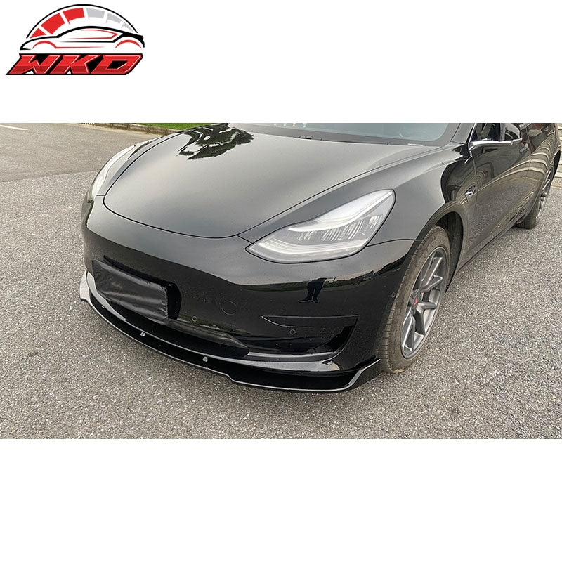 Fits 17-23 Tesla Model 3 Sedan IKON Style Front Bumper Lip PP Gloss Black - 3PCS