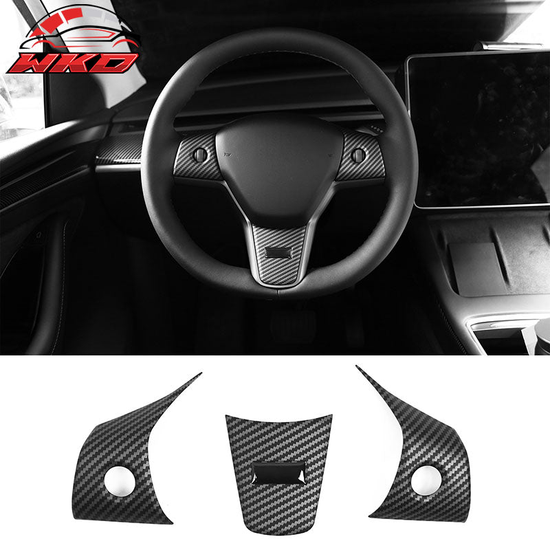 Fits 17-23 Tesla Model 3 & 20-25 Y Steering Wheel Cover Matte Carbon Fiber Print