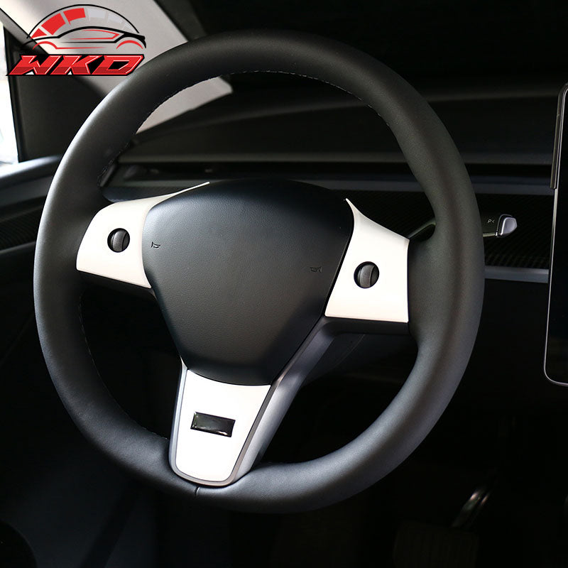 Fits 17-23 Tesla Model 3 & 20-25 Y Steering Wheel Cover Trim Accessory White ABS