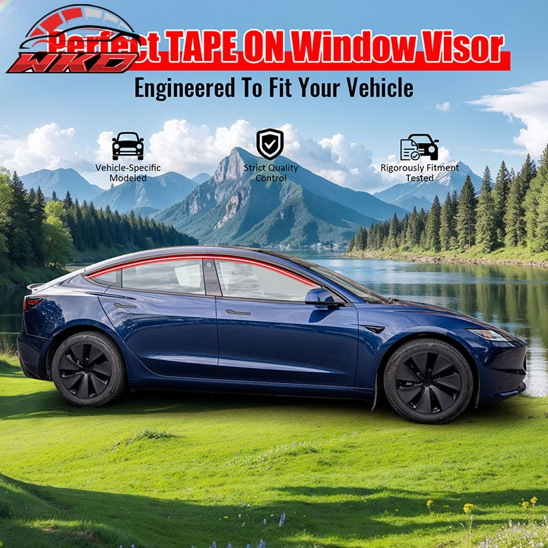 For 17-26 Tesla Model 3 ABS Tape-on Window Visor Sun Rain Guard 4PCS Gloss Black
