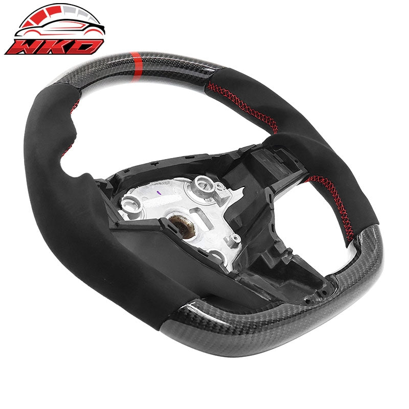 Fits 17-25 Tesla Model 3 & Y Steering Wheel CF Alcantara W/ Red Stitch & Stripe