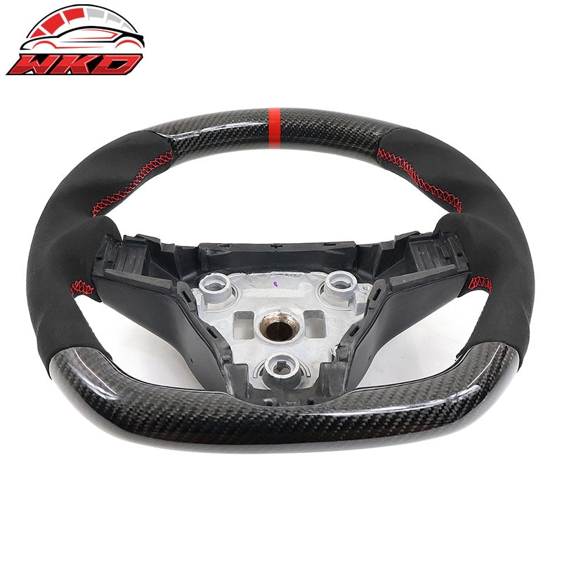 Fits 17-25 Tesla Model 3 & Y Steering Wheel CF Alcantara W/ Red Stitch & Stripe
