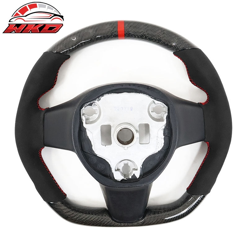 Fits 17-25 Tesla Model 3 & Y Steering Wheel CF Alcantara W/ Red Stitch & Stripe
