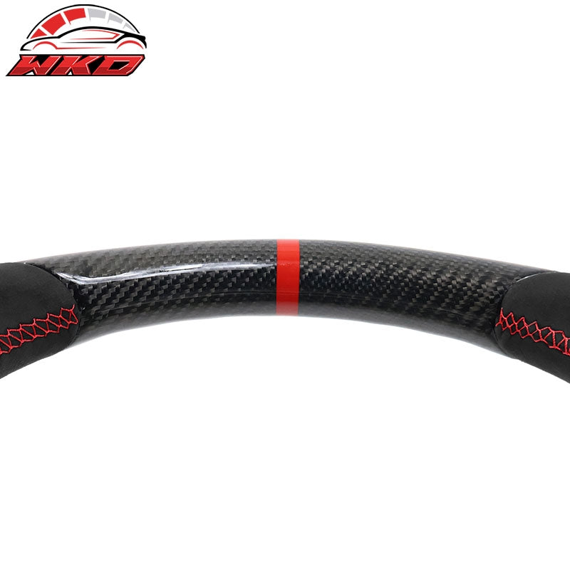 Fits 17-25 Tesla Model 3 & Y Steering Wheel CF Alcantara W/ Red Stitch & Stripe