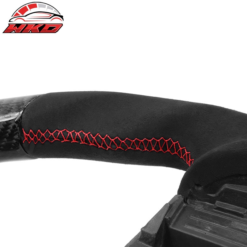 Fits 17-25 Tesla Model 3 & Y Steering Wheel CF Alcantara W/ Red Stitch & Stripe