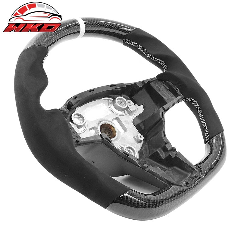 Fits 17-25 Tesla Model 3 Y Carbon Fiber Steering Wheel Alcantara W/ White Stitch