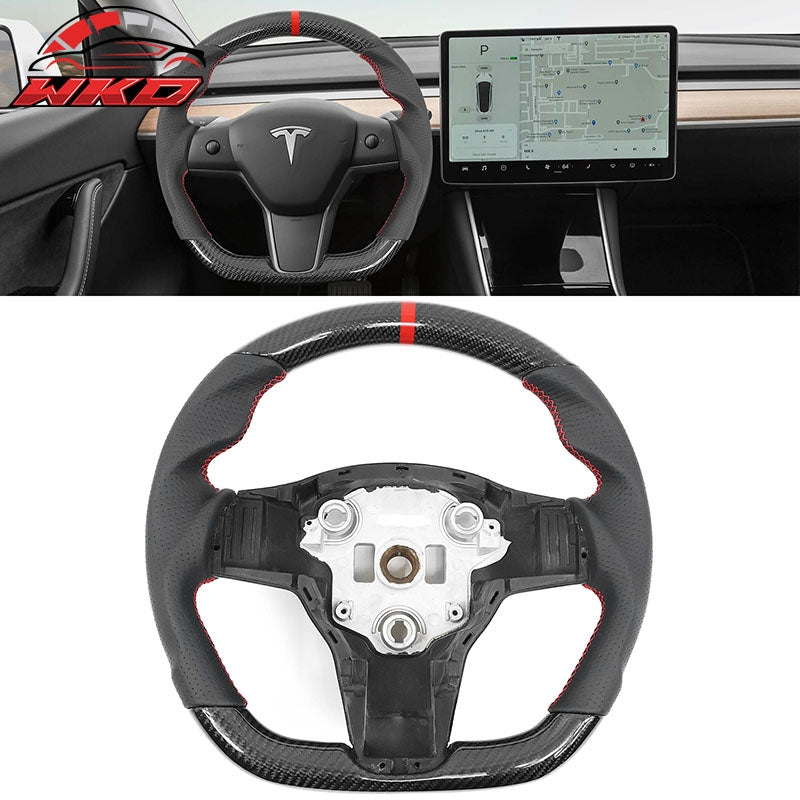 Fits 17-25 Tesla Model 3 & Y Steering Wheel CF Leather W/ Red Stitch & Stripe