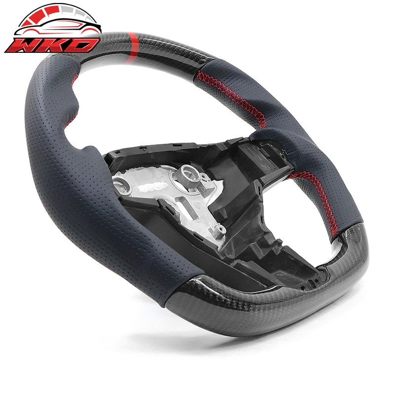Fits 17-25 Tesla Model 3 & Y Steering Wheel CF Leather W/ Red Stitch & Stripe