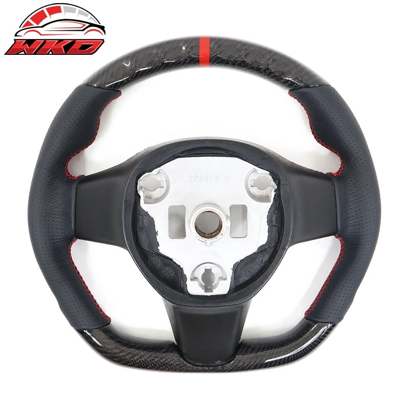 Fits 17-25 Tesla Model 3 & Y Steering Wheel CF Leather W/ Red Stitch & Stripe