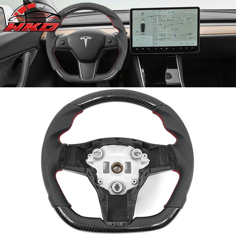 Fits 17-25 Tesla Model 3 & Y Steering Wheel Carbon Fiber Leather W/ Red Stitch