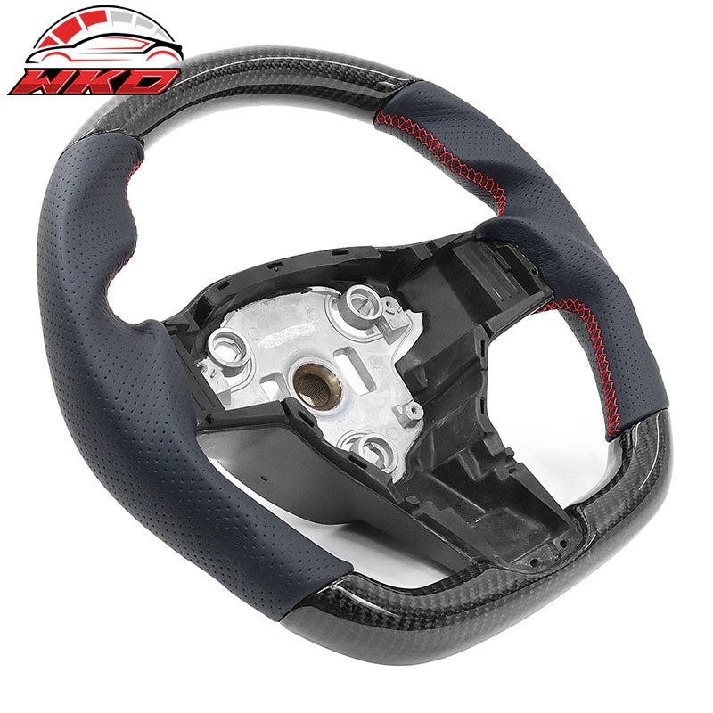 Fits 17-25 Tesla Model 3 & Y Steering Wheel Carbon Fiber Leather W/ Red Stitch