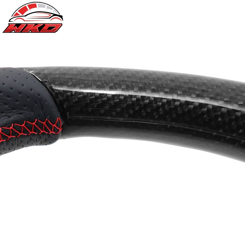 Fits 17-25 Tesla Model 3 & Y Steering Wheel Carbon Fiber Leather W/ Red Stitch