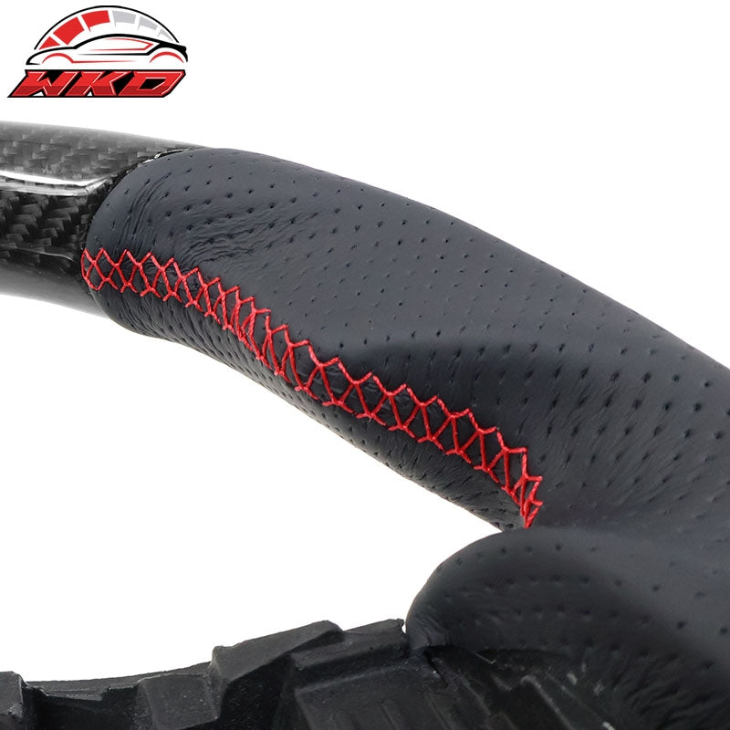 Fits 17-25 Tesla Model 3 & Y Steering Wheel Carbon Fiber Leather W/ Red Stitch