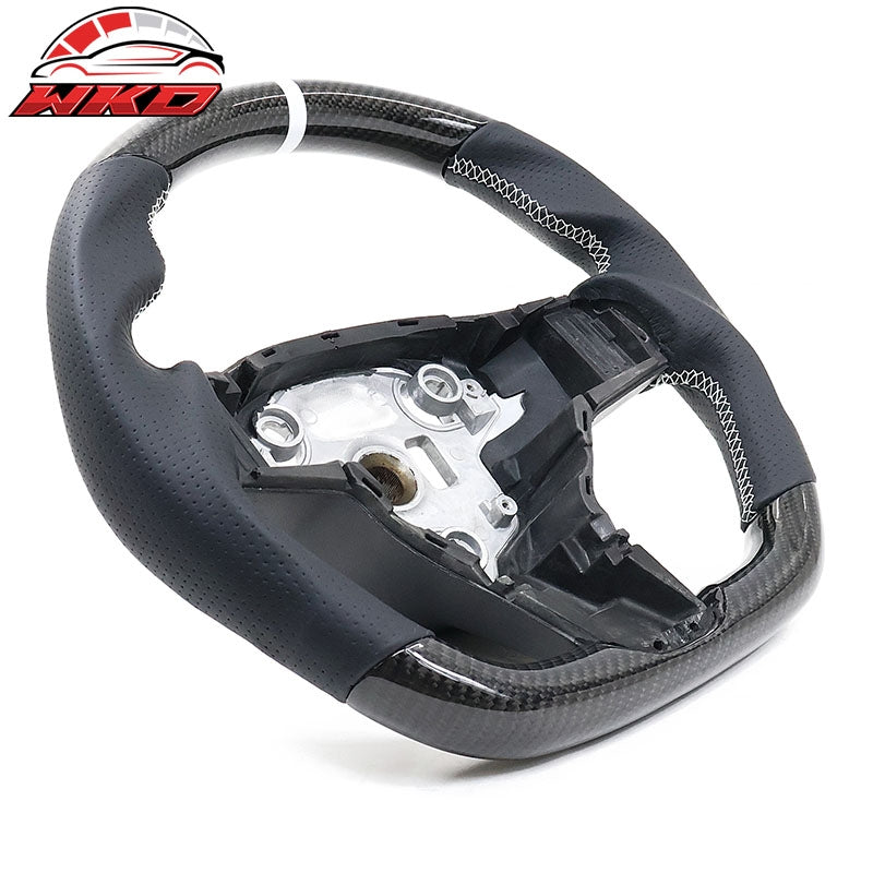 Fits 17-25 Tesla Model 3 & Y Steering Wheel Carbon Fiber Leather W/ White Stitch