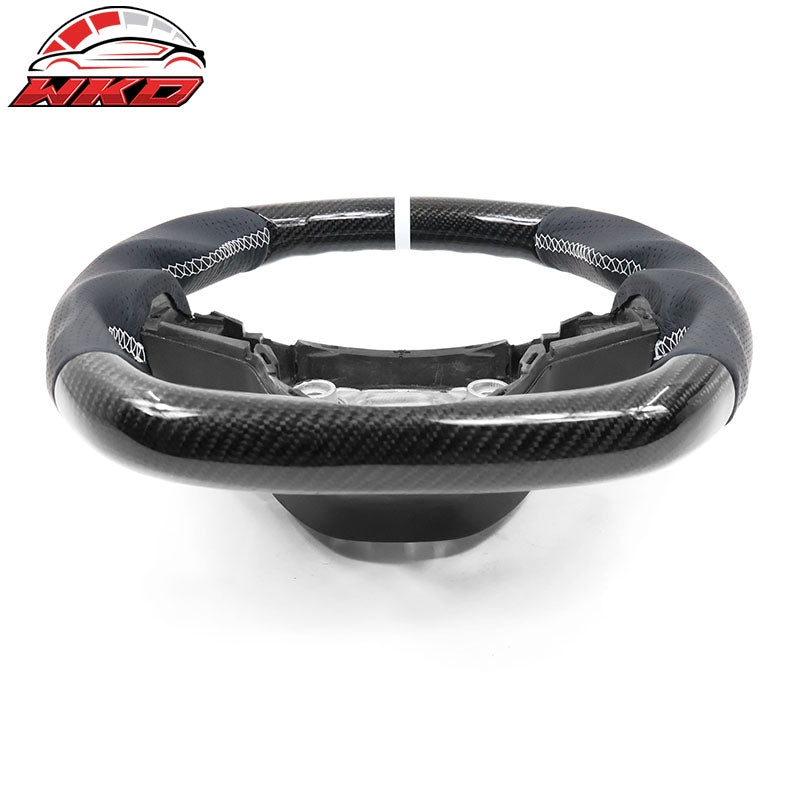 Fits 17-25 Tesla Model 3 & Y Steering Wheel Carbon Fiber Leather W/ White Stitch