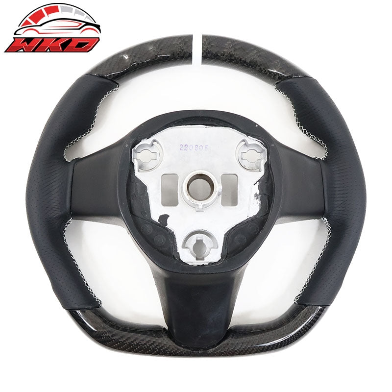 Fits 17-25 Tesla Model 3 & Y Steering Wheel Carbon Fiber Leather W/ White Stitch