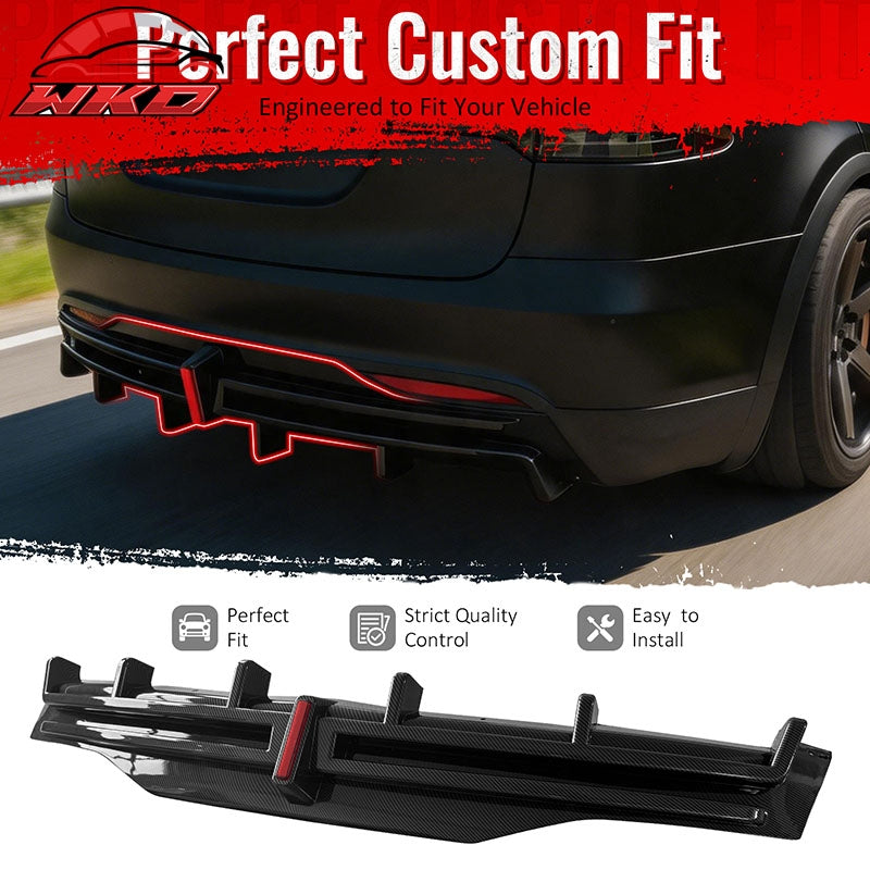 For 16-21 Tesla Model X LED Rear Bumper Diffuser Lip W/ 6-Fin Carbon Fiber Print