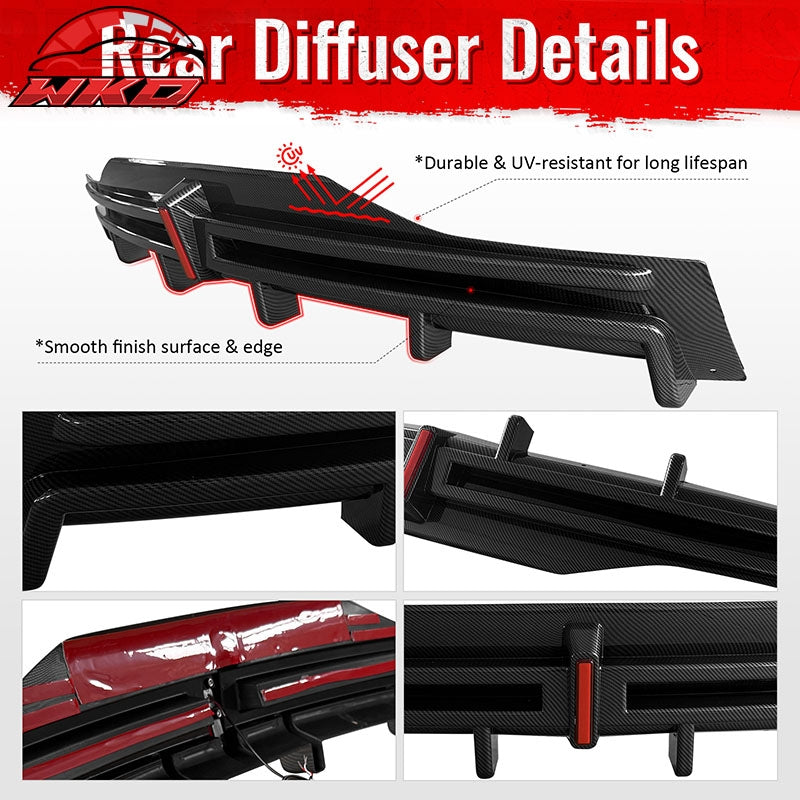 For 16-21 Tesla Model X LED Rear Bumper Diffuser Lip W/ 6-Fin Carbon Fiber Print