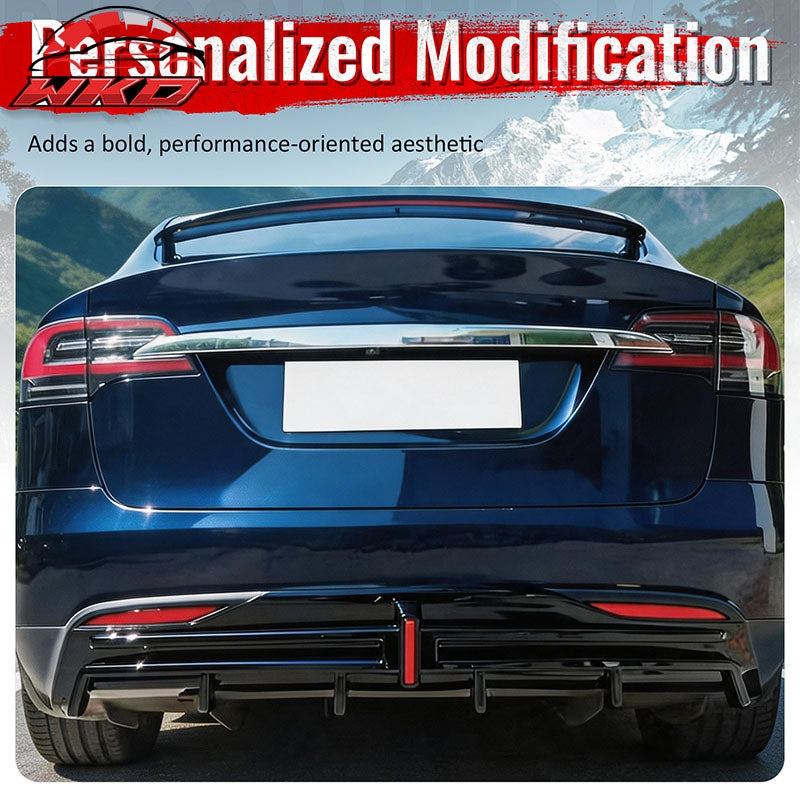 For 16-21 Tesla Model X LED Rear Bumper Diffuser Lip W/ 6-Fin Carbon Fiber Print