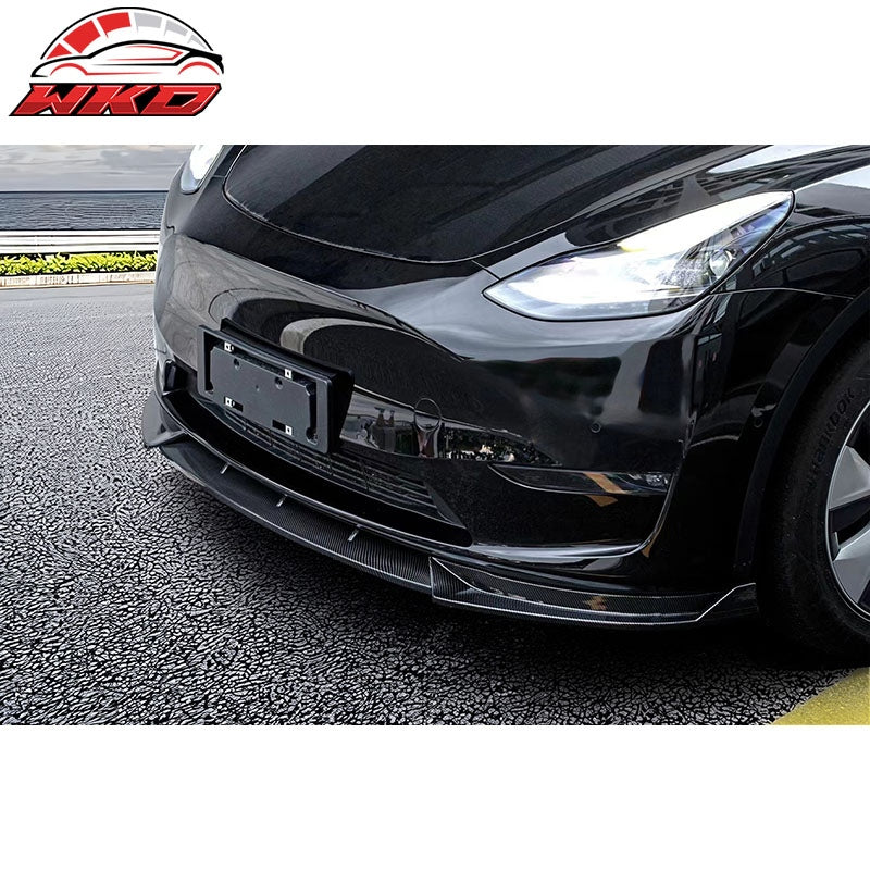 Fits 20-25 Tesla Model Y Front Bumper Lip Spoiler Carbon Fiber Print PP 3PC