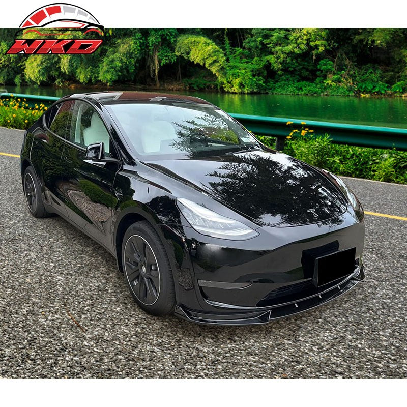 Fits 20-25 Tesla Model Y Matte Black Front Bumper Lip Spoiler IKON Style PP 3PCS