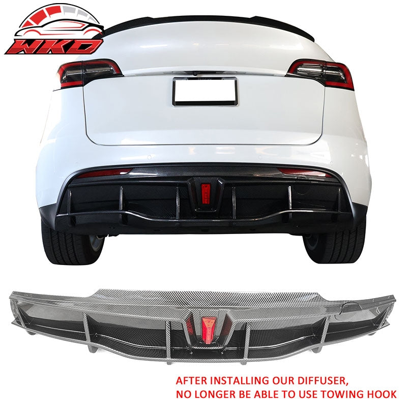 Fits 20-25 Tesla Model Y IKON Carbon Fiber Print Rear Bumper Lip Diffuser W/ LED