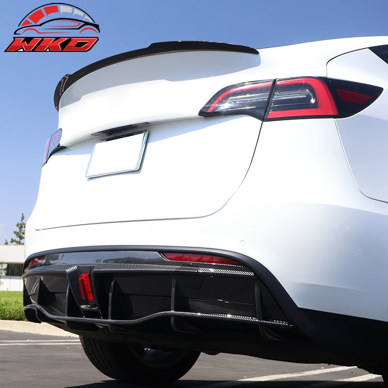 Fits 20-25 Tesla Model Y IKON Carbon Fiber Print Rear Bumper Lip Diffuser W/ LED