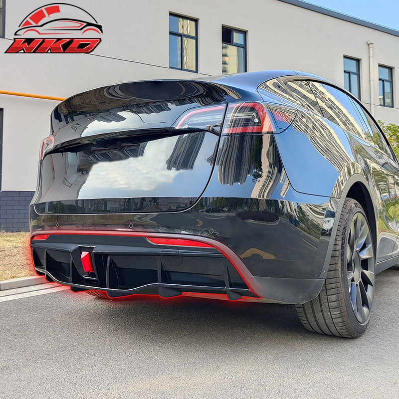 Fits 20-25 Tesla Model Y IKON Style Matte Black Rear Bumper Lip Diffuser W/ LED