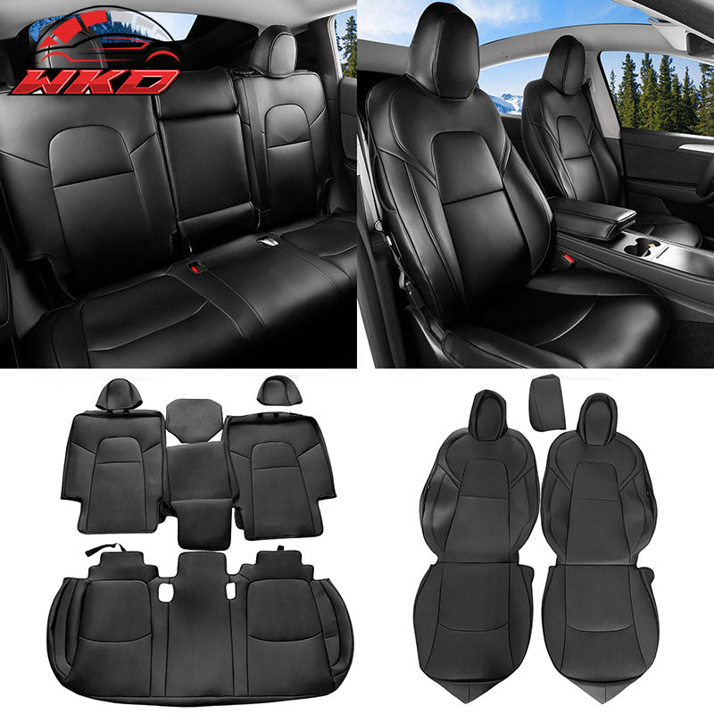 Fits 20-25 Tesla Model Y 5-Passenger Seat Covers Cushion Protector Leather Black
