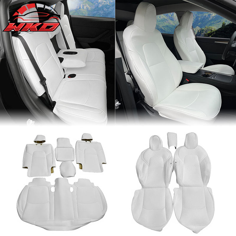 Fits 20-25 Tesla Model Y 5-Passenger Seat Covers Cushion Protector Leather White