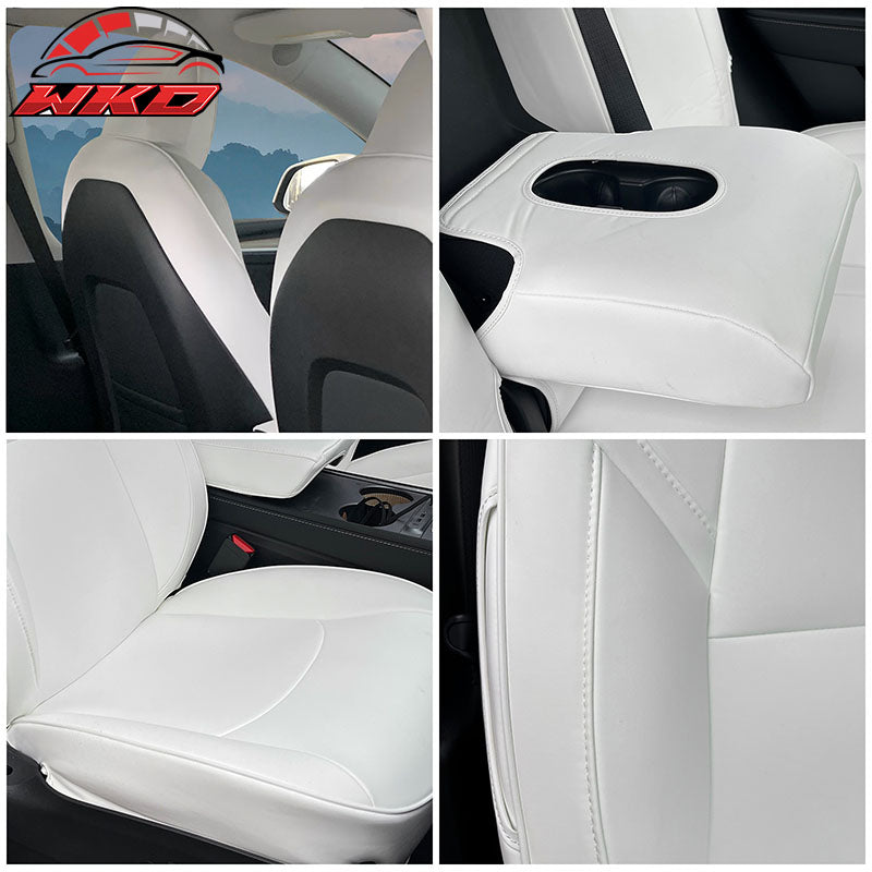 Fits 20-25 Tesla Model Y 5-Passenger Seat Covers Cushion Protector Leather White