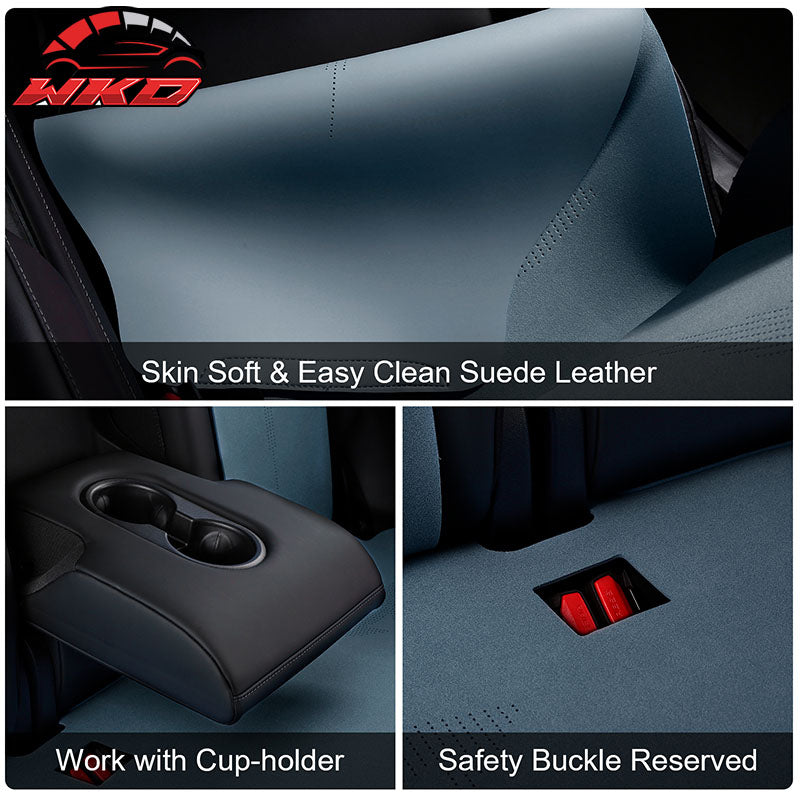 Fits 20-25 Tesla Model Y V2 Seat Covers Cushion Protector Suede Leather Blue