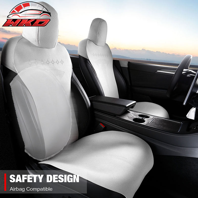 Fits 20-25 Tesla Model Y V2 Seat Covers Cushion Protector Suede Leather White