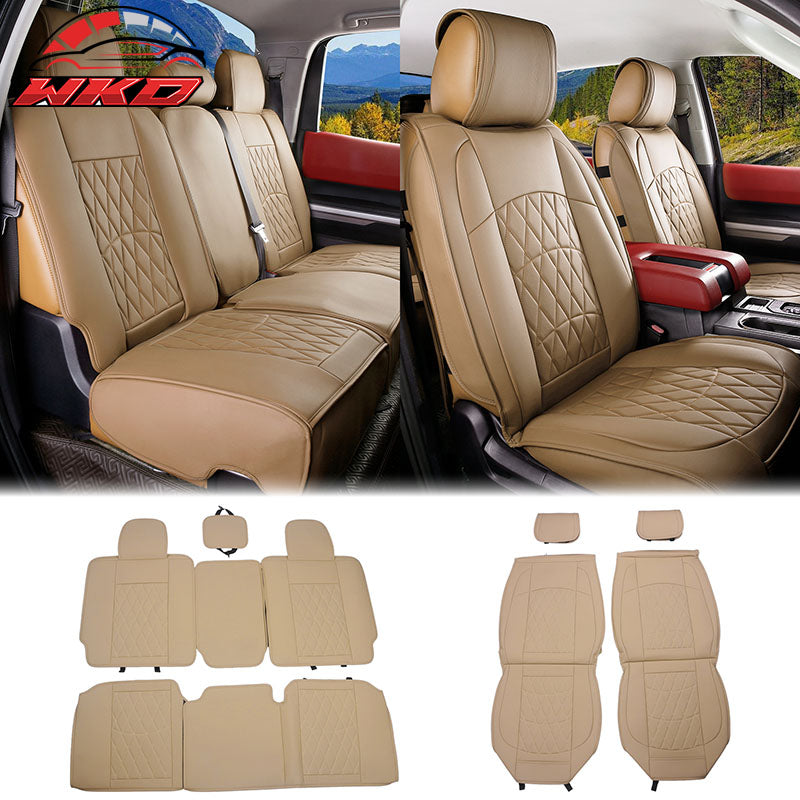 Fits 08-23 Toyota Tundra Beige Full Set Seat Covers Front Rear Row PU Leather