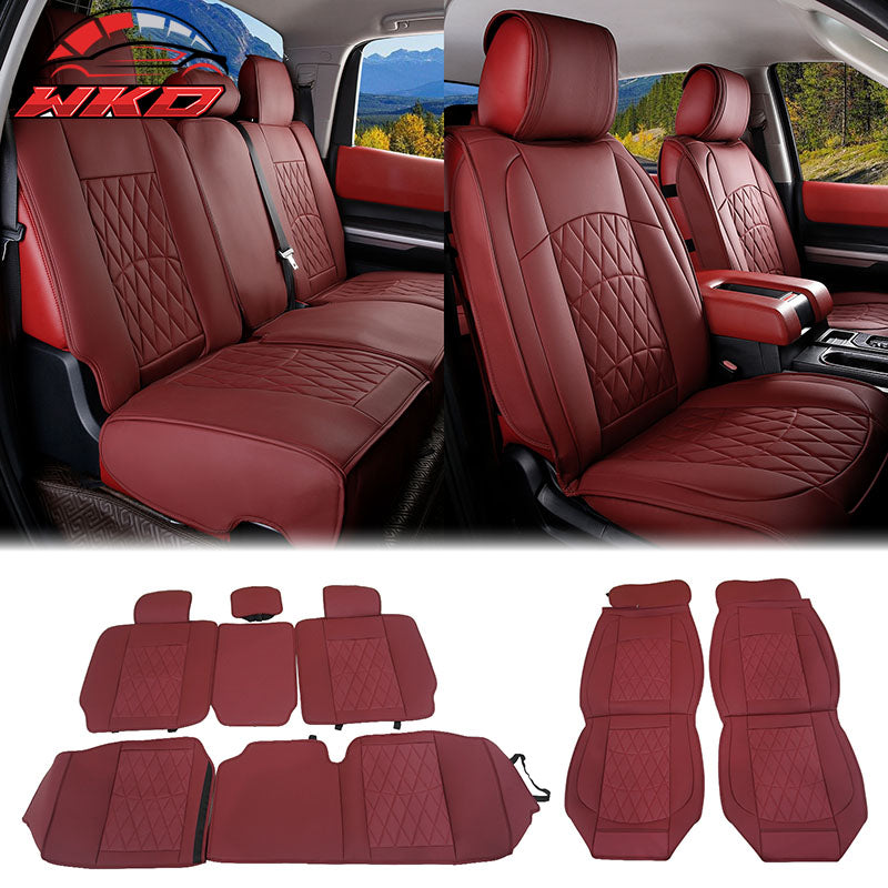 Fits 08-23 Toyota Tundra Red Full Set Car Seat Covers Front Back Row PU Leather