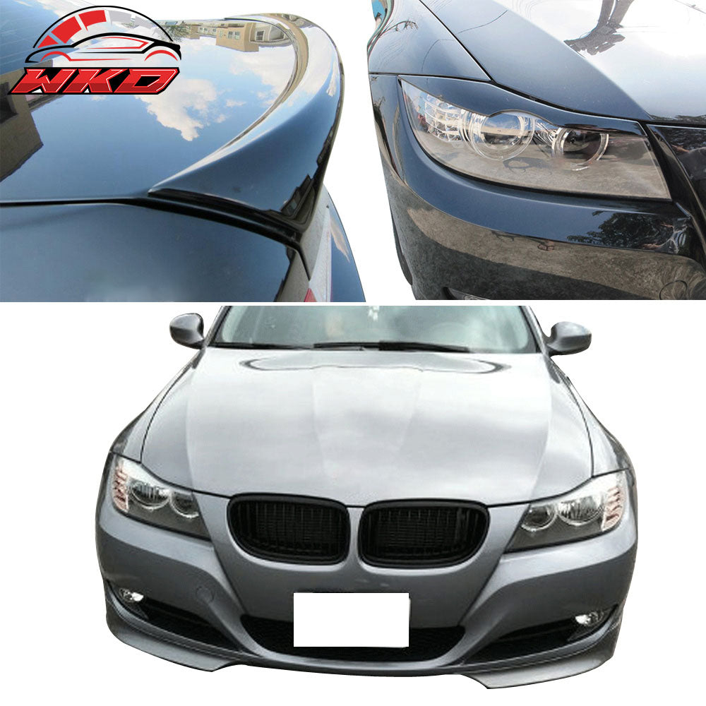 Fits 09-11 E90 Sedan OE Trunk Spoiler & Front Bumper Lip & Headlight Eyelids